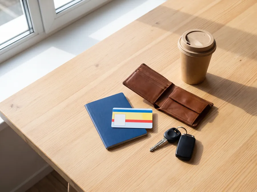 Generated picture seen from above: a passport, a plain identity card, an open wallet, car keys and a coffee cup on a wooden table.
